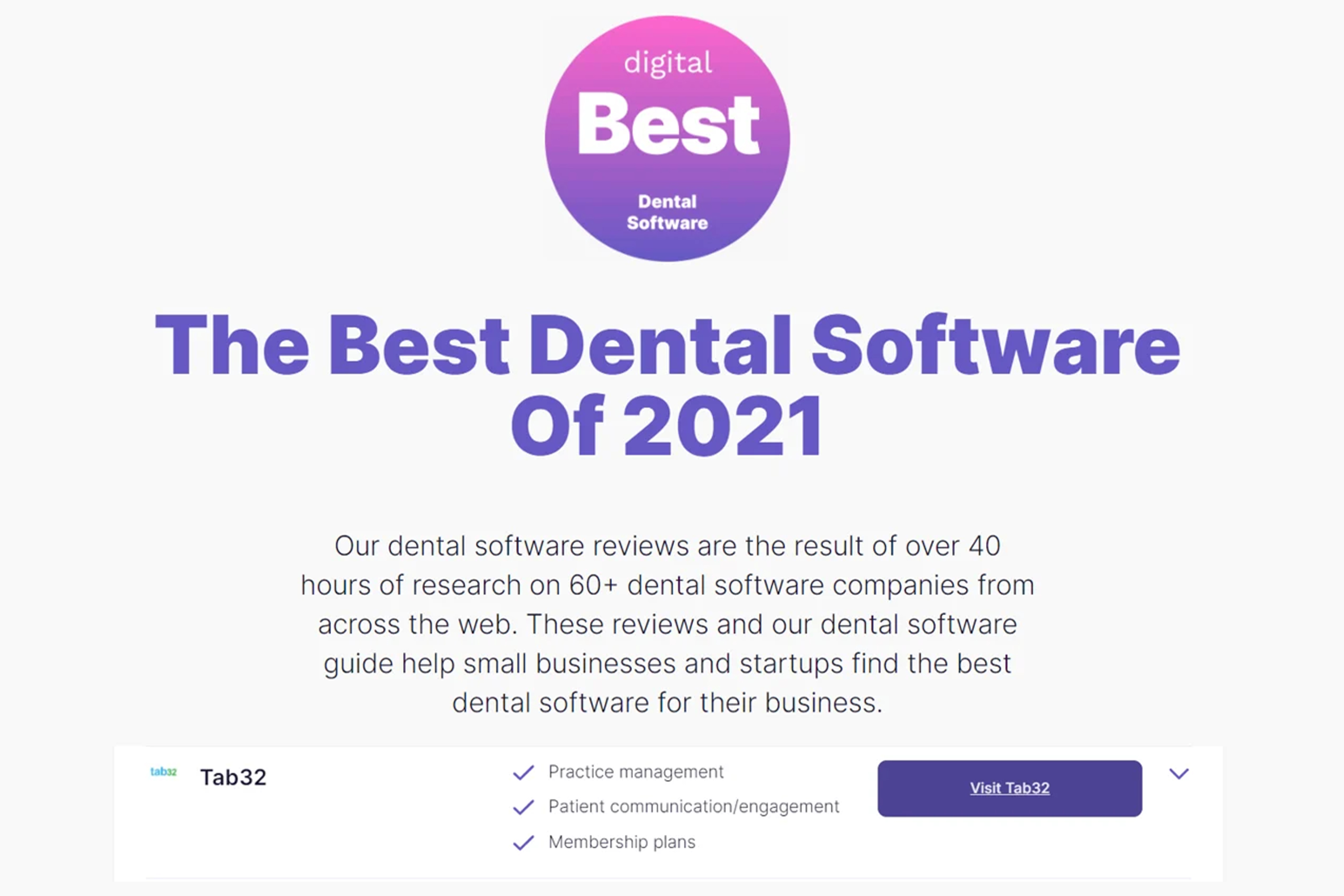 tab32 Named Best Dental Software of 2021 by Digital.com